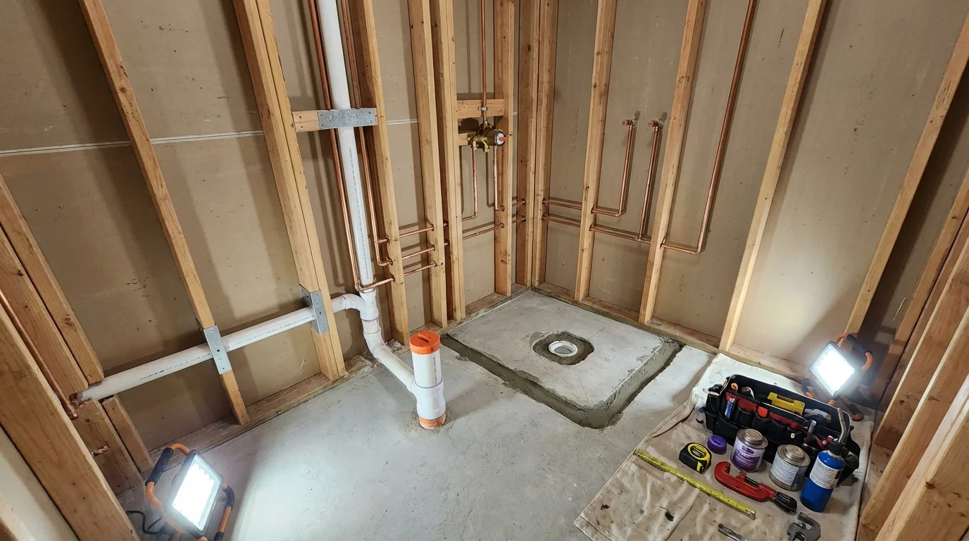 Bathroom rough-in plumbing during remodel by Johns Plumbing LLC in Toledo