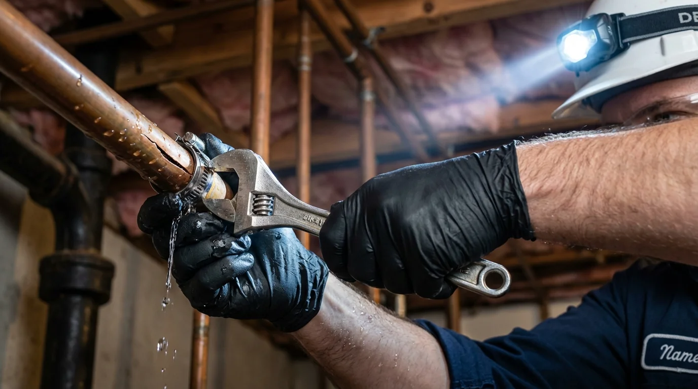 Emergency pipe clamp repair being performed by a Johns Plumbing LLC plumber in Toledo