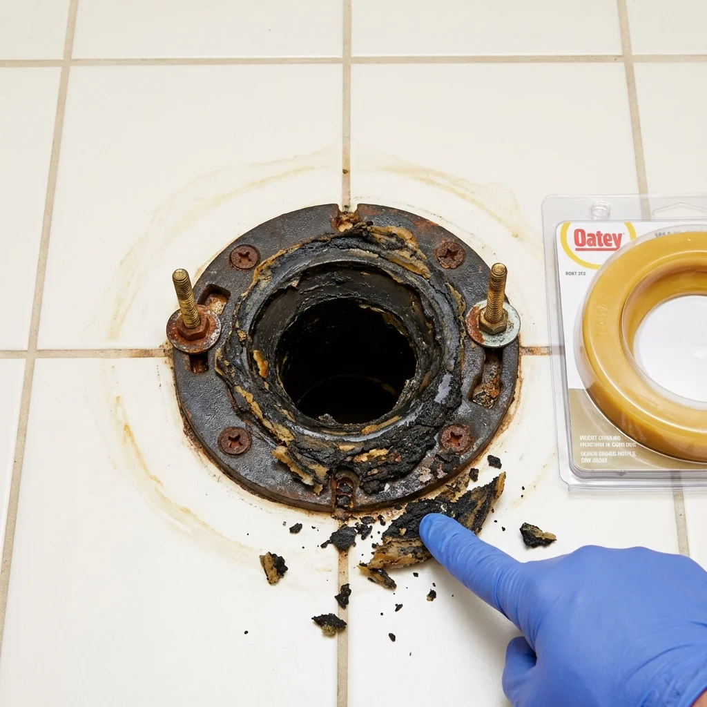 Failed wax ring showing water seepage at the base of a toilet in a Toledo, OR home
