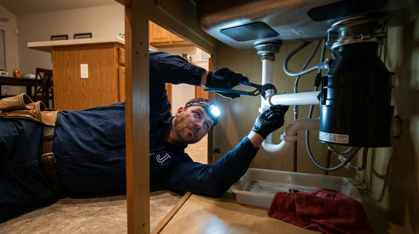 P-trap and supply line connections under a kitchen sink showing a common leak point in Toledo, OR